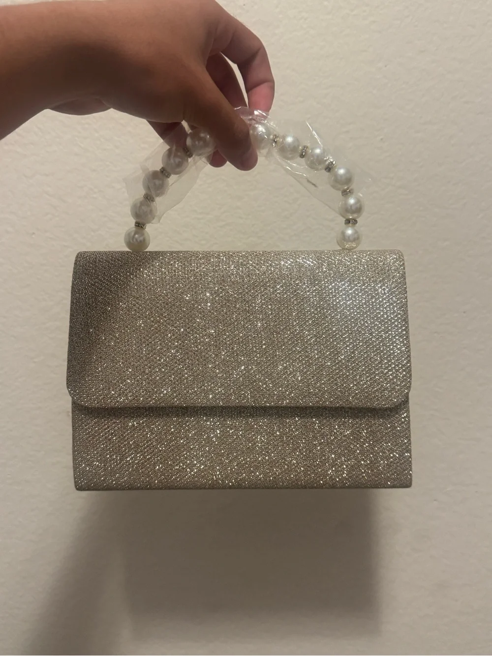 Sparkle Pearl Handle Evening Clutch in Champagne